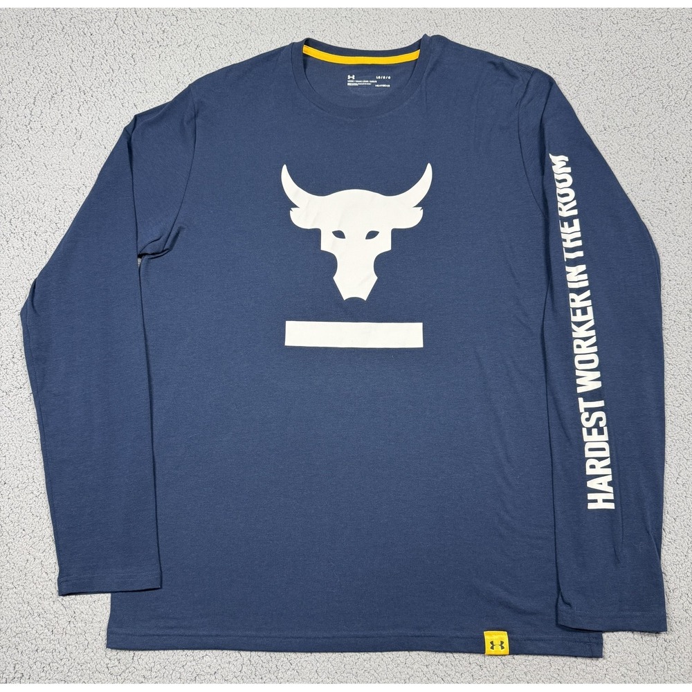 Under Armour Shirt‎ Mens Large Blue Long Sleeve HeatGear Project Rock Bull Logo
